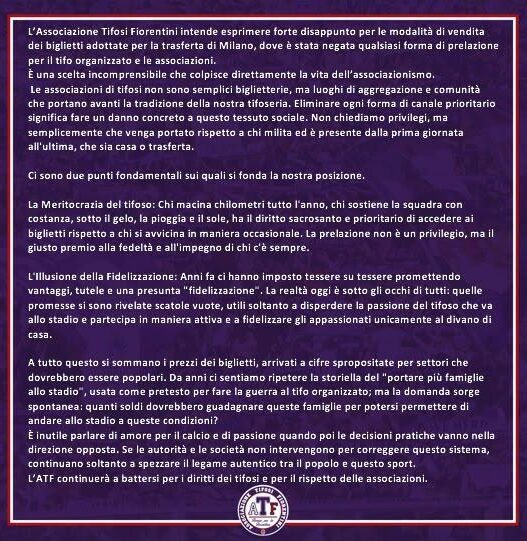 ATF, nota critica sulla vendita biglietti per Inter-Fiorentina