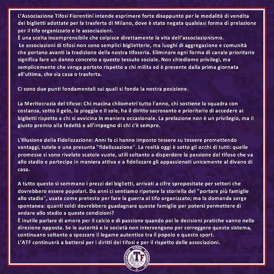 ATF, nota critica sulla vendita biglietti per Inter-Fiorentina